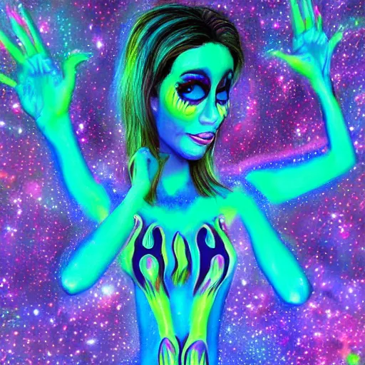 Image similar to dancing twilak tweaker wearing body paint at the rave tripping on lsd wide eyed pixar girl