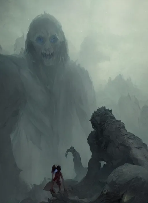 Image similar to a beautiful terrifying pale humanoid giant looms over a tiny human. ethereal fantasy art by greg rutkowski