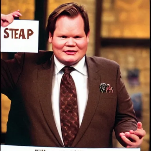 Image similar to Andy Richter is wearing a chocolate brown suit and necktie, holding a sign that reads Stop making these images of me of I WILL tell Conan!!