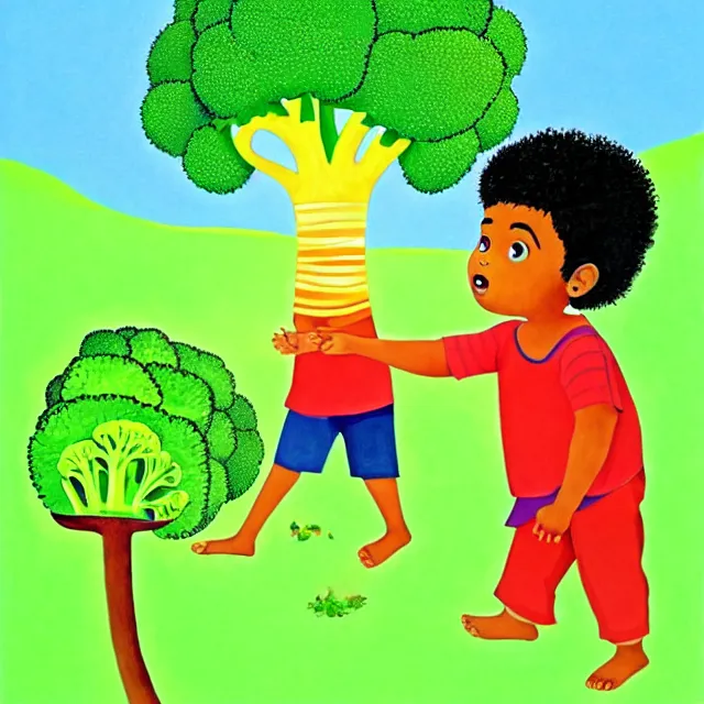 Image similar to professional kids book illustration of a South Indian !toddler! boy pulling a friendly anthropomorphic (broccoli) out of the ground, best on artstation,, astonishing, impressive, outstanding, cheerful, stunning, masterpiece by Eric Carle.