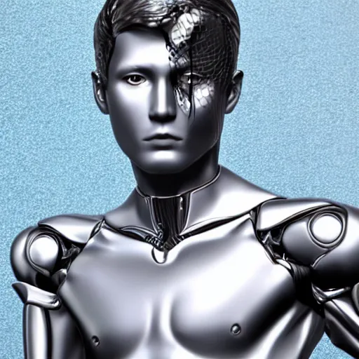 Image similar to a realistic detailed photo of a guy who is an attractive humanoid who is half robot and half humanoid, who is a male android, attractive and handsome soccer players, shiny skin, posing like a statue, blank stare, in a factory, on display, showing off his muscles, wearing soccer shorts, side view, looking at each other mindlessly