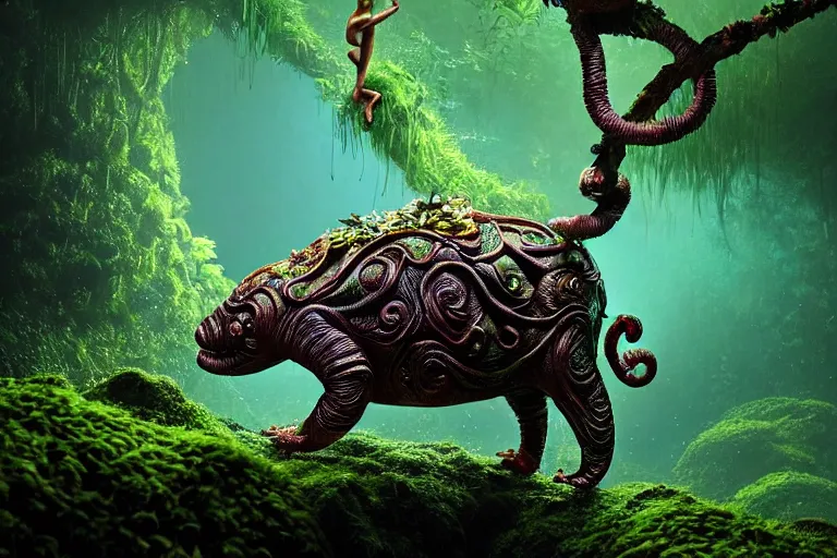 Image similar to creature in a lush trunda vegetation, water reflection, night, backlit, warm tones, bioluminescent : : by michal karcz, daniel merriam, victo ngai and guillermo del toro : : ornate, dynamic, particulate, intricate, elegant, highly detailed, centered, artstation, smooth, sharp focus, octane render, 3 d