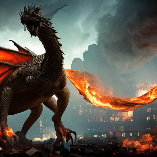 Prompt: a super realistic dragon that is on fire standing dramatically on a destroyed city, ultrawide shot, surreal, sharp focus, digital art, epic composition, concept art, dynamic lighting, intricate, highly detailed, 8 k, unreal engine, blender render