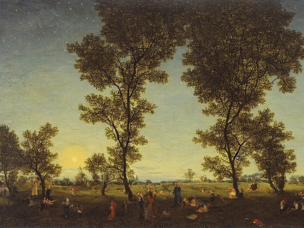 Prompt: Night with comet in the orchard. Painting by William de Nuncques