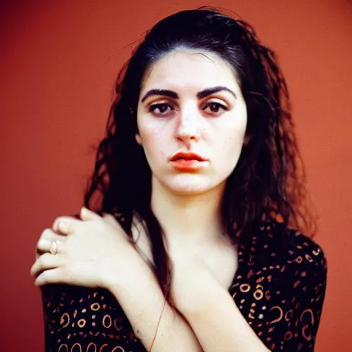 Image similar to 35mm film photo of an attractive cool alternative armenian woman in her early 20s. beautiful face. She has dark brown hair, dark thick eyebrows, brown eyes and shoulder long hair.