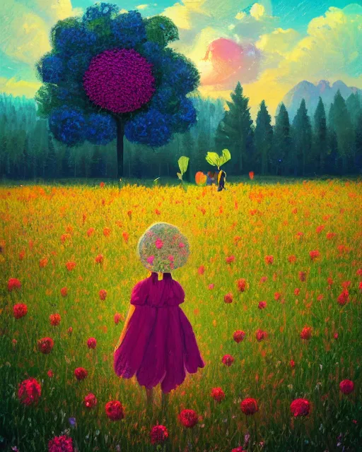 Image similar to girl with giant flower as a face and flower dress, standing in a flower field hills, big trees, sunrise dramatic light, impressionist painting, colorful clouds, digital painting, pointillism, artstation, simon stalenhag