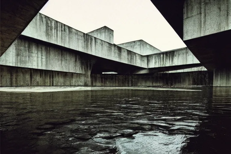 Image similar to an brutalist structure forming from the water, rainy day, beautiful lighting, high depth, ultra realistic, artistic, by annie leibovitz
