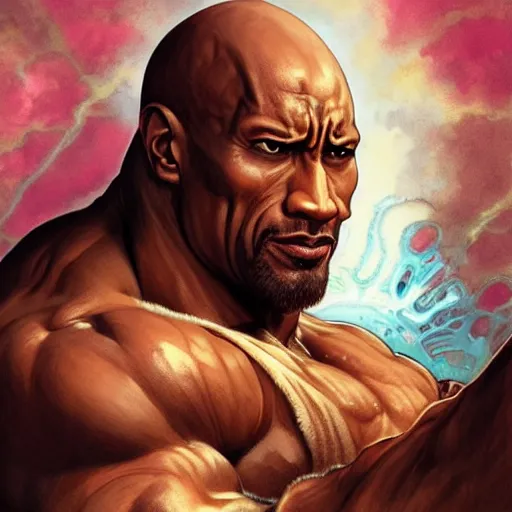 Image similar to the rock as dhalsim from street fighter, skinny, 4 k, ultra realistic, detailed focused art by artgerm and greg rutkowski and alphonse mucha