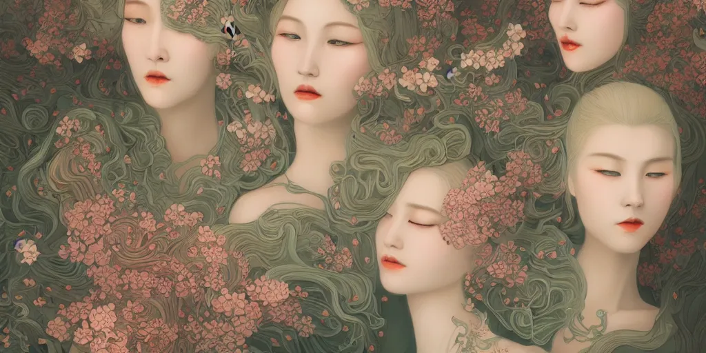 Image similar to breathtaking detailed concept art painting art deco pattern of blonde faces goddesses amalgamation flowers, by hsiao - ron cheng, bizarre compositions, exquisite detail, extremely moody lighting, 8 k