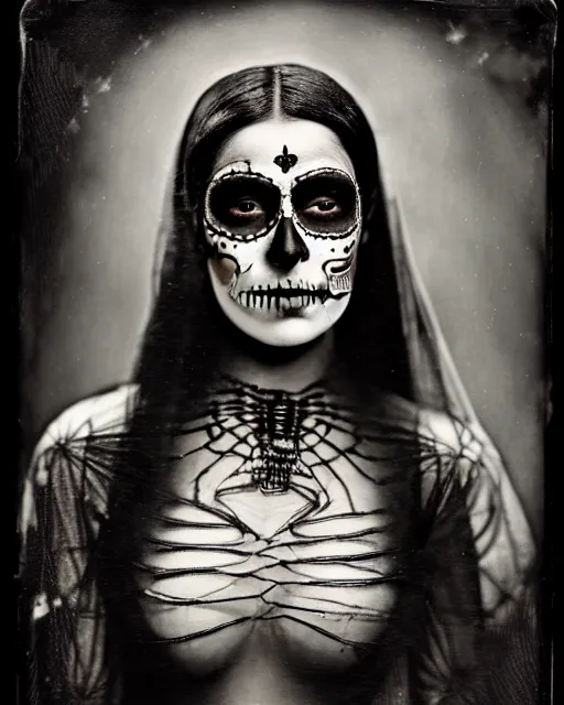 Prompt: tintype veiled woman dressed in dia de muertos makeup high quality photo, microchip, artificial intelligence, bio - mechanical bio - luminescence, black wired cables, neurons, nerve cells, cinematic, rim light, photo - realistic, high detail, 8 k, masterpiece, high fashion, in the style of steven meisel dora maar h. g. giger