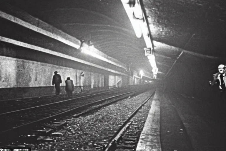 Image similar to photo from 1 9 6 5. very large giant mutant zombie irradiated ( angry rat ) staying on railways in tonnel of moscow subway. extreme high detail, very realistic. extreme long shot, low dark light, scary mood, anish kapoor, herman nitsch.