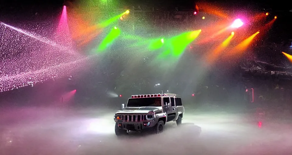 Image similar to silver hummer truck on a stage : : surrounded by fog and a laser show on stage. photo realistic.