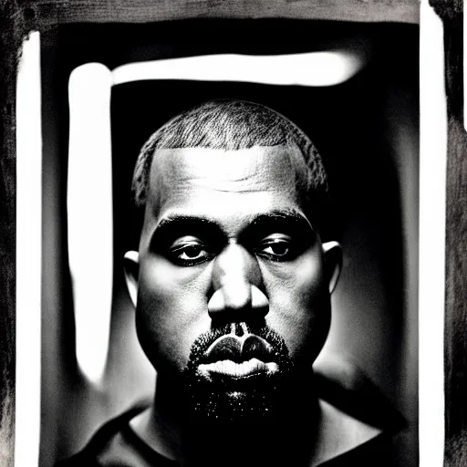 Image similar to a chiaroscuro lighting portrait of kanye west dressed as rick owens, black background, portrait by julia margaret cameron, shallow depth of field, 8 0 mm, f 1. 8