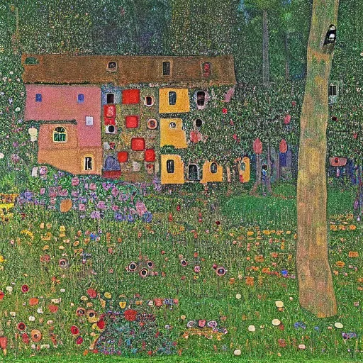 Image similar to an ancient village in a magical forest, painting by Gustav Klimt and Andy Warhol