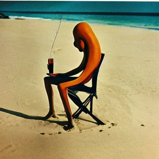 Image similar to photograph of an alien drinking martini on the beach, life magazine, 8 0 s