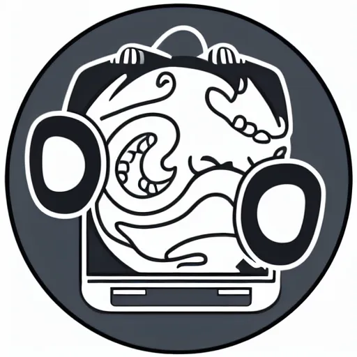 Image similar to svg sticker, centered, round-cropped, white-space-surrounding, Dragon listening to headphones, flat colors, vector art