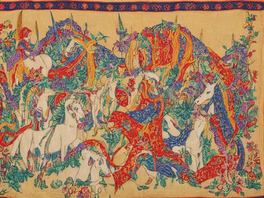 Prompt: Embroidered Central Asian tapestry depicting a unicorn in the garden of Eden