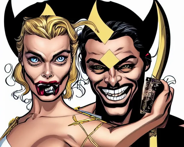 Prompt: style of Rafeal Albuquerque comic book art, goddess Margot Robbie sucking out man's soul using hamds, gold and white eyes, symmetrical face, symmetrical eyes, scary smile