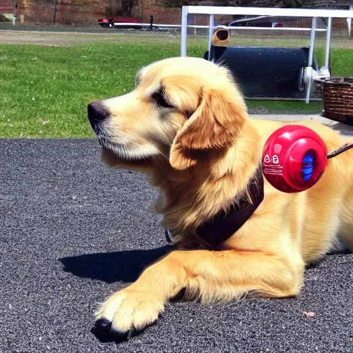 Prompt: photo of profile of cute golden retriever dog head with American football body