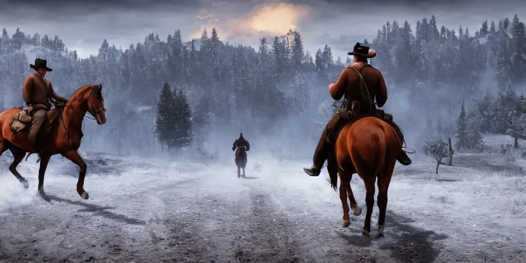 Prompt: still of a man riding a horse into an old west town surrounded by farmland and woods, snow capped mountains in the background, red dead redemption, 4 k, realistic, very beautiful, digital art, elegant, highly detailed