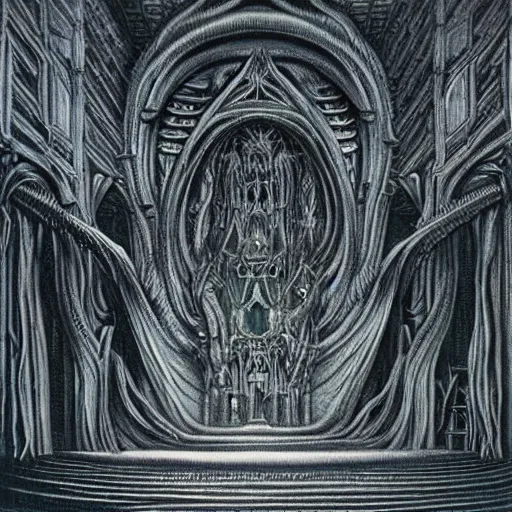 Image similar to monstrous and twisted cathedral with an altar that has a statue to many eyed veiny and four armed cthulhu, tentacles twisting in lotus position. in the style of hr giger and zdzisław beksinski gloom misty glow oil painting biomechanical