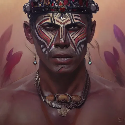 Image similar to an aztec warrior, athletic, face paint, muscular, intricate, highly detailed, digital painting, artstation, concept art, sharp focus, illustration, art by greg rutkowski and alphonse mucha