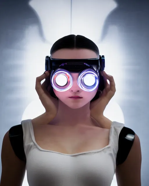 Prompt: centered portrait photo by bouguereau of female dancer as a cyberpunk mecha humanoid robotic parts wearing goggles with led lights, inside white room, ultra - realistic and detailed, long exposure, soft focus, hdr 8 k