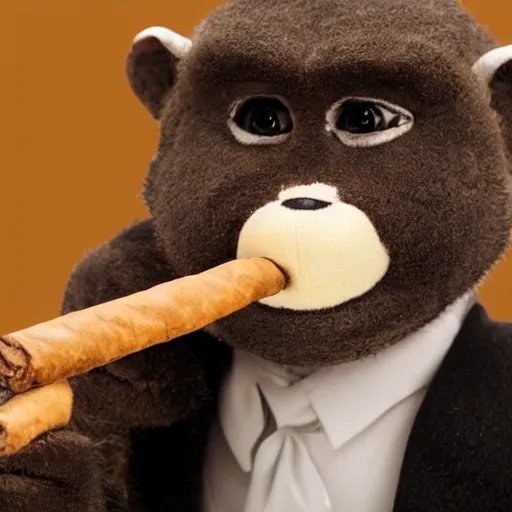 Image similar to a high detail closeup shot of a depressed monkey wearing a suit and smoking a cigar