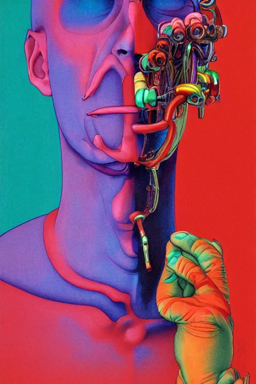 Prompt: a colorful vibrant closeup portrait of a simple cyborg man licking a tab of LSD acid on his tongue and dreaming psychedelic hallucinations, by kawase hasui, moebius, Edward Hopper and James Gilleard, Zdzislaw Beksinski, Steven Outram colorful flat surreal design, hd, 8k, artstation