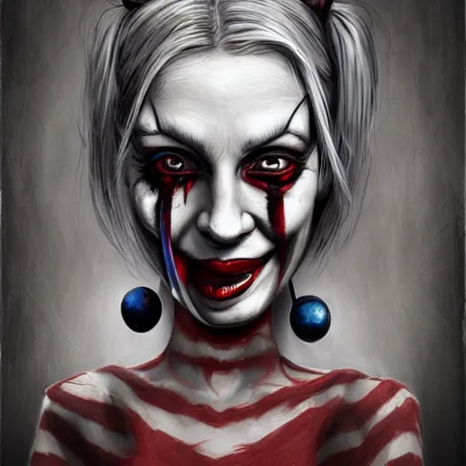 Image similar to surrealism grunge cartoon portrait sketch of harley quinn, by michael karcz, loony toons style, freddy krueger style, horror theme, detailed, elegant, intricate