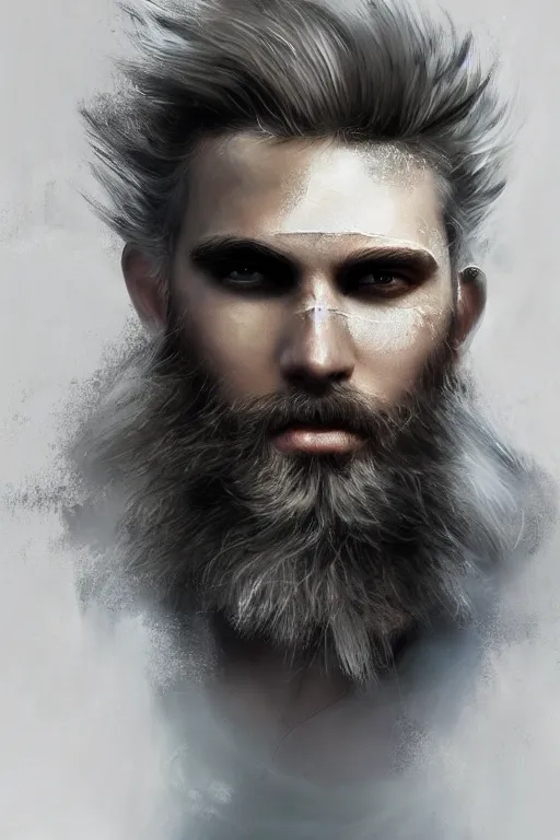 Image similar to blonde wild hair beard man, black eye - patch, close - up portrait, plain white tshirt, powerfull, intricate, elegant, volumetric lighting, scenery, digital painting, highly detailed, artstation, sharp focus, illustration, concept art, ruan jia, steve mccurry