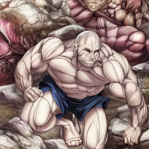 Image similar to a crawling mountain of muscles, highly detailed, anime, pale colors, award winning pictures, by studio mappa, by studio wit