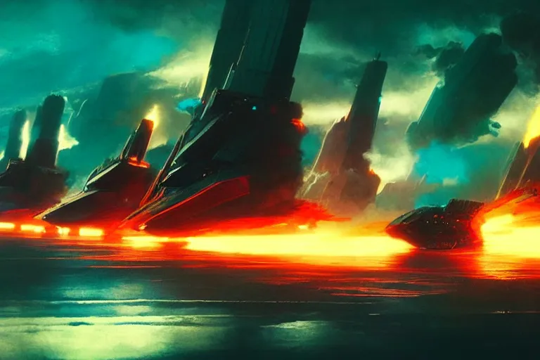 Prompt: concept art of Attack ships on fire off the shoulder of Orion by john harris and liam wong, matte, masterpiece, atmospheric, wide angle shot