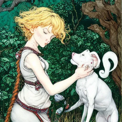 Image similar to elf girl with curly blonde hair pets a white pitbull, highly detailed, painting by rebecca guay