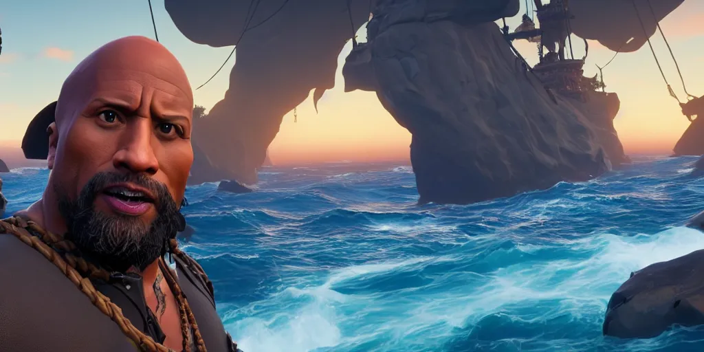 Prompt: dwayne johnson in a sea of thieves selfie, sea of thieves screenshot, sunset, pirate hat