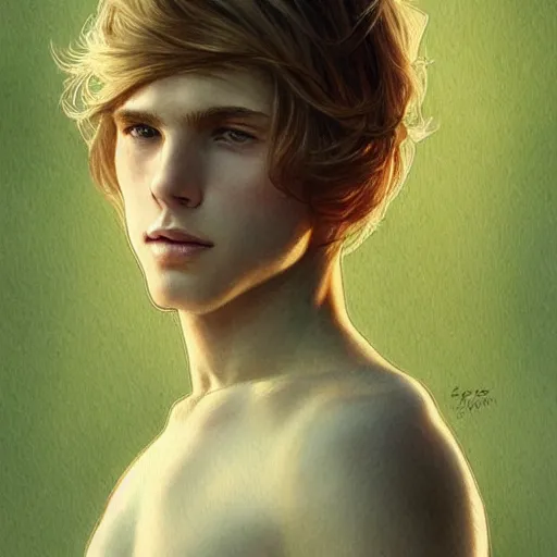 Prompt: teen boy, middle length hair, blonde hair, green eyes, gorgeous, amazing, delicate, elegant, intricate, highly detailed, watercolor, portrait, artstation, concept art, sharp focus, illustration, art by artgerm and greg rutkowski and alphonse mucha