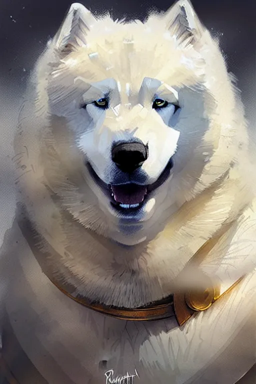 Image similar to greg rutkowski portrait of a heroic samoyed