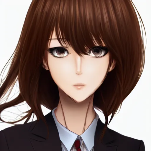 Prompt: woman in business suit, brown neat hair, animesque, pixiv, fanbox, trending on artstation, digital art, portrait, modern, sleek, highly detailed, formal, serious, determined, competent, colorized, smooth, charming, pretty, safe for work, blank background