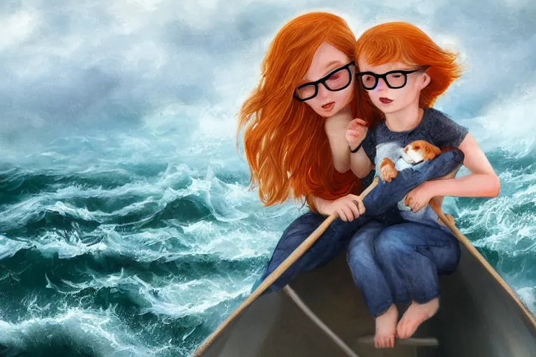 Prompt: young redhead girl with glasses hugging puppy in a rowboat on rough seas, stormy weather, award winning illustration, trending on artstation