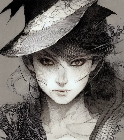 Image similar to portrait of anime woman wearing witch hat, pen and ink, intricate line drawings, by craig mullins, ruan jia, kentaro miura, greg rutkowski, loundraw