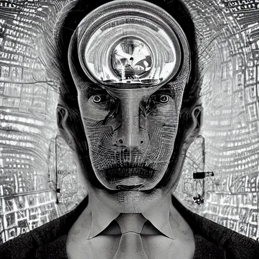 Image similar to a little time and a lot of latent space stands a man with infinite faces all, neuromorphicly engineered computationally, high level of detail, surrealism