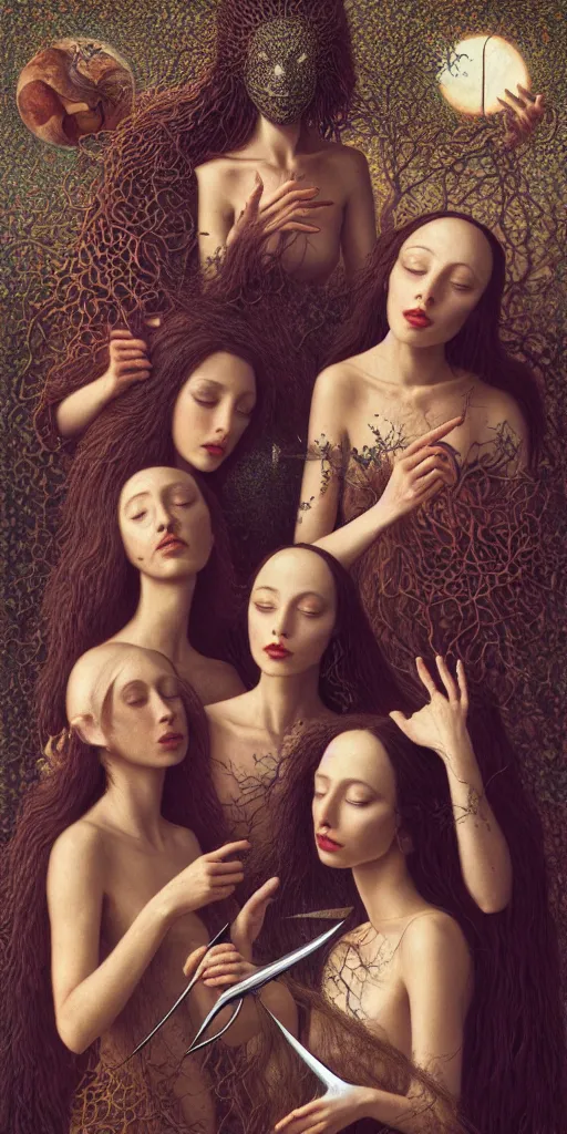 Image similar to the three fates cutting threads with scissors, forest, moonlight, gemma chen, madison beer, angela sarafyan, pinup, intricate beautiful faces, surrealistic painting by agostino arrivabene, artgerm, vanessa beecroft, anka zhuravleva, mary jane ansell, peter mohbacher, gerald brom