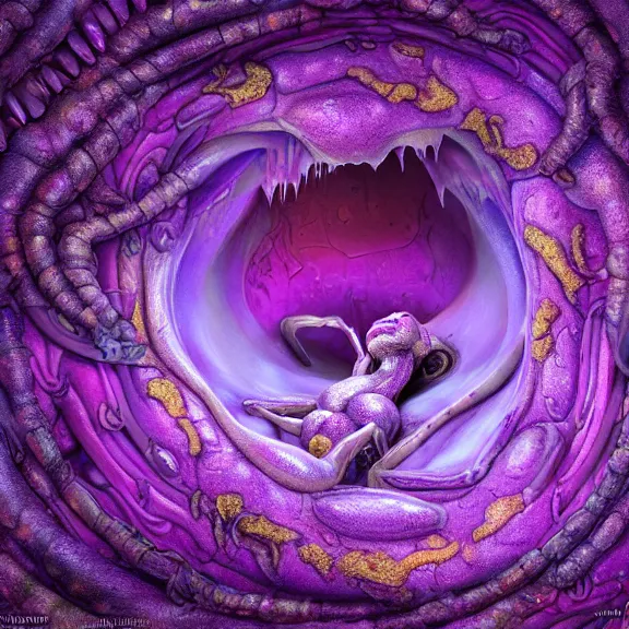 Image similar to detailed shot inside a goddess dragon's cavernous synthetic stomach, the walls purple and pulsing, slimy and hot, lots of acid pooling up on the floor, digesting a bunch humans that ended up inside, food pov, micro pov, vore, digital art, furry art, high quality, 8k 3D realistic, macro art, micro art, Furaffinity, Deviantart, Eka's Portal, G6