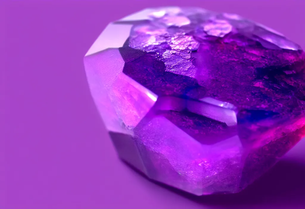 Prompt: raw purple gemstone rendering, photorealistic, bright backround, photography, artstation