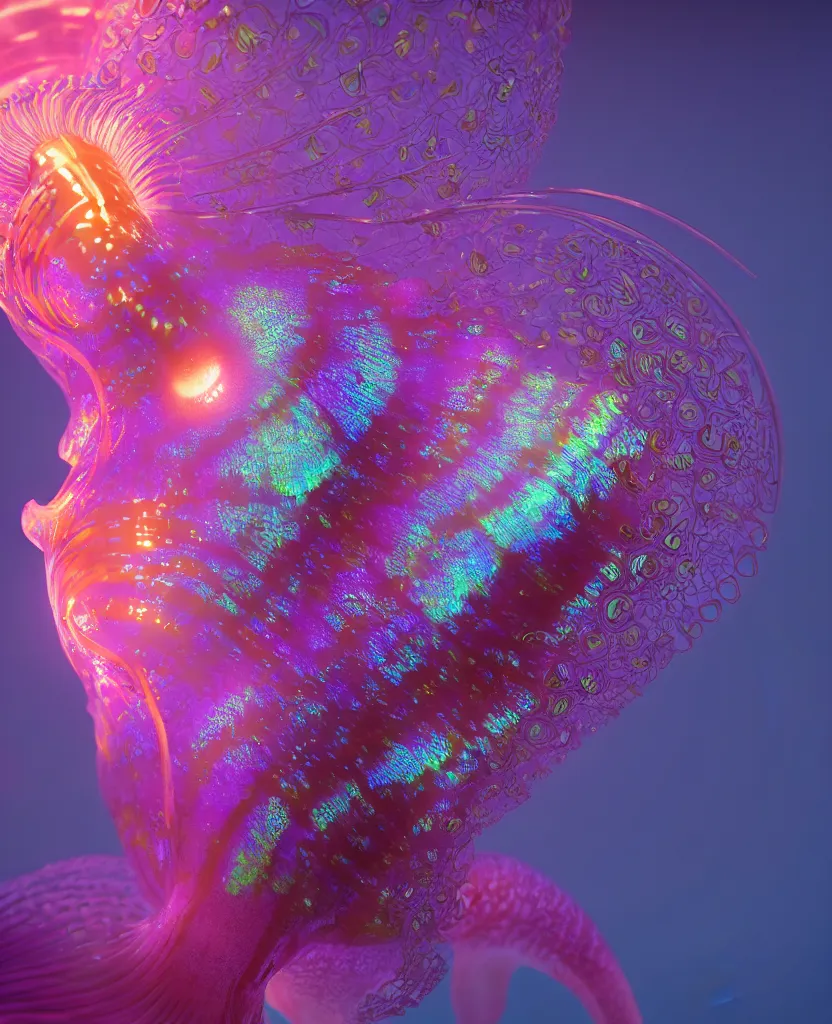 Image similar to goddess close-up portrait. dichroic orchid jellyfish phoenix head, nautilus, skull, betta fish, bioluminiscent creatures, intricate artwork by Tooth Wu and wlop and beeple. octane render, trending on artstation, greg rutkowski very coherent symmetrical artwork. cinematic, hyper realism, high detail, octane render, 8k