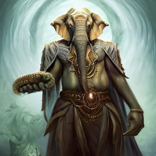 Image similar to Warlock with elephant traits. Character portrait, face close-up, of an anthro elephant warlock in the style of Bastien Lecouffe-Deharme