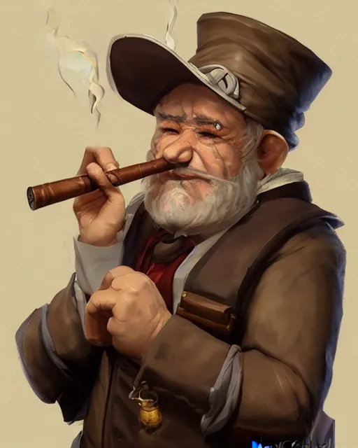 Image similar to A gnomish professor smoking a wooden pipe, visualartzi, anime, steampunk, portrait, concept art by Karla Ortiz, James Paick, Charlie Bowater, Krenz Cushart, highly detailed, ultra detailed, ultra realistic, trending on artstation, cgstudio