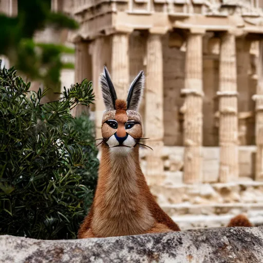 Image similar to a cinematic film still of a claymation stop motion film starring cute caracal, big wooden barrel, ancient greek city, marble temple columns, olive trees, shallow depth of field, 8 0 mm, f 1. 8