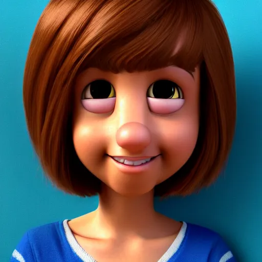 Image similar to A portrait of a mother, a cute 3d cgi toon woman with brown hair in a Bob, brown eyes, full face, olive skin, romanian heritage, medium shot, mid-shot, hyperdetailed, 8k, trending on artstation, as a Pixar character