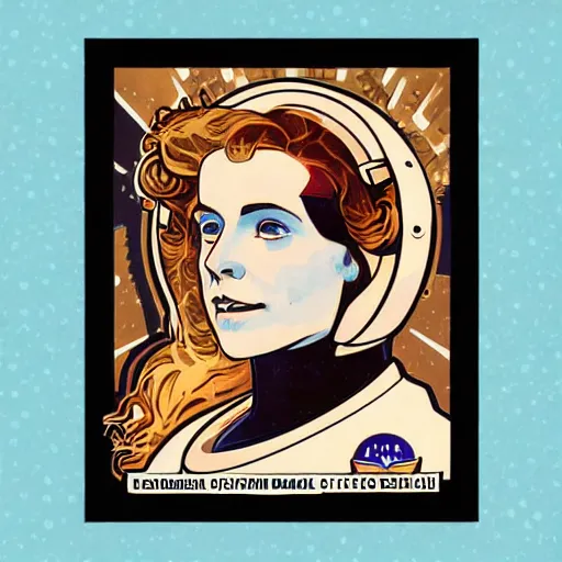 Image similar to astronaut female skull portrait in the style of and Alphonse Mucha and Disney illustration pop art